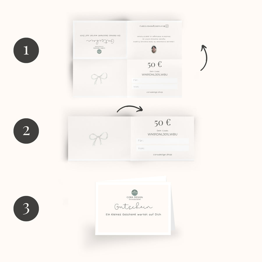 Geschenkgutschein für Stickdateien von Cora Design mit druckbarer Gutscheinvorlage. Minimalistisches Design zum Ausdrucken, Beschriften und Falten als kreative Geschenkidee.