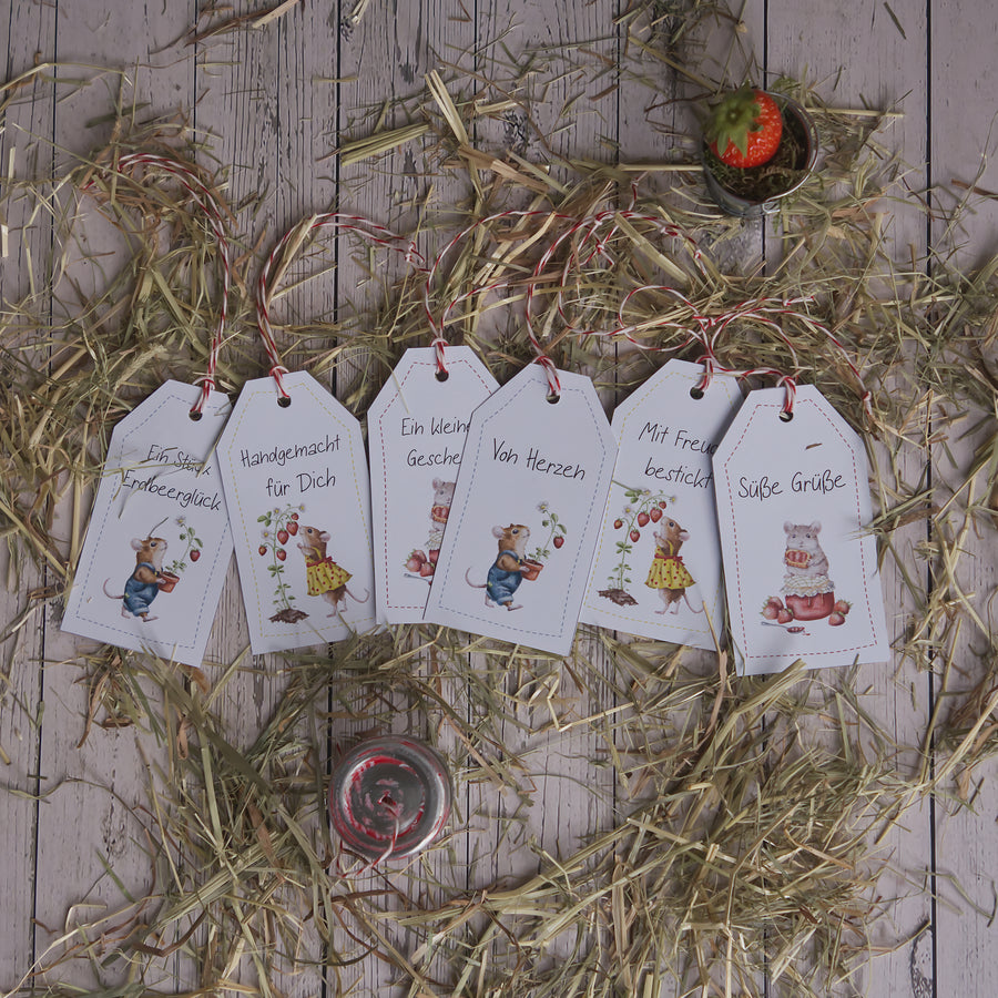 Printable Hangtags Erdbeermäuse, druckbare Anhänger für handgemachte Geschenke