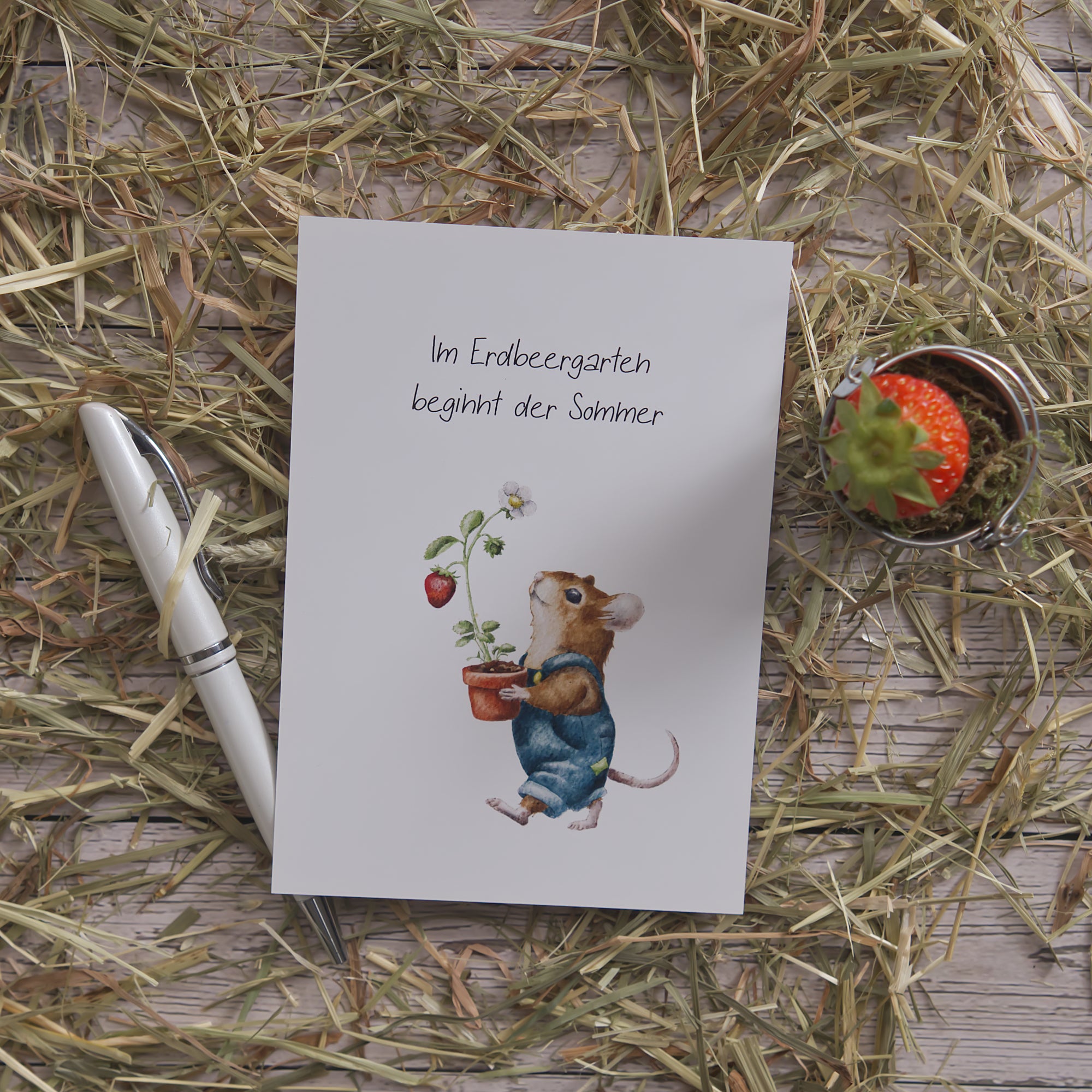 Printable Postkarte Im Erdbeergarten beginnt der Sommer