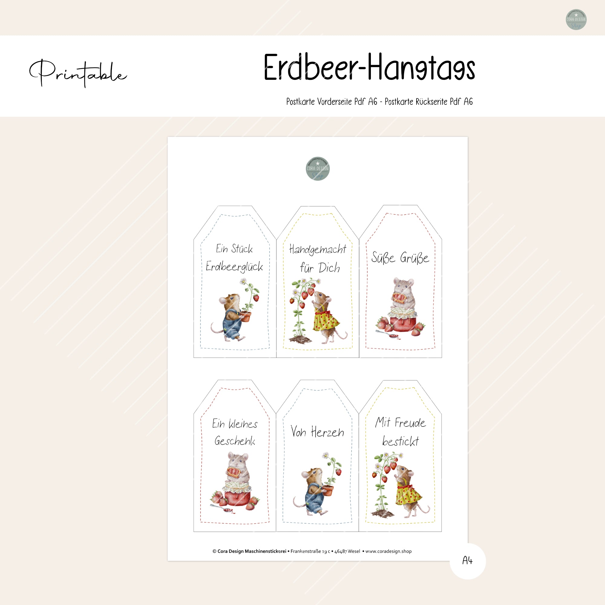 Printable Erdbeer-Hangtags mit Mäusemotiven und Geschenksprüchen zum Ausdrucken für handgemachte Geschenke.