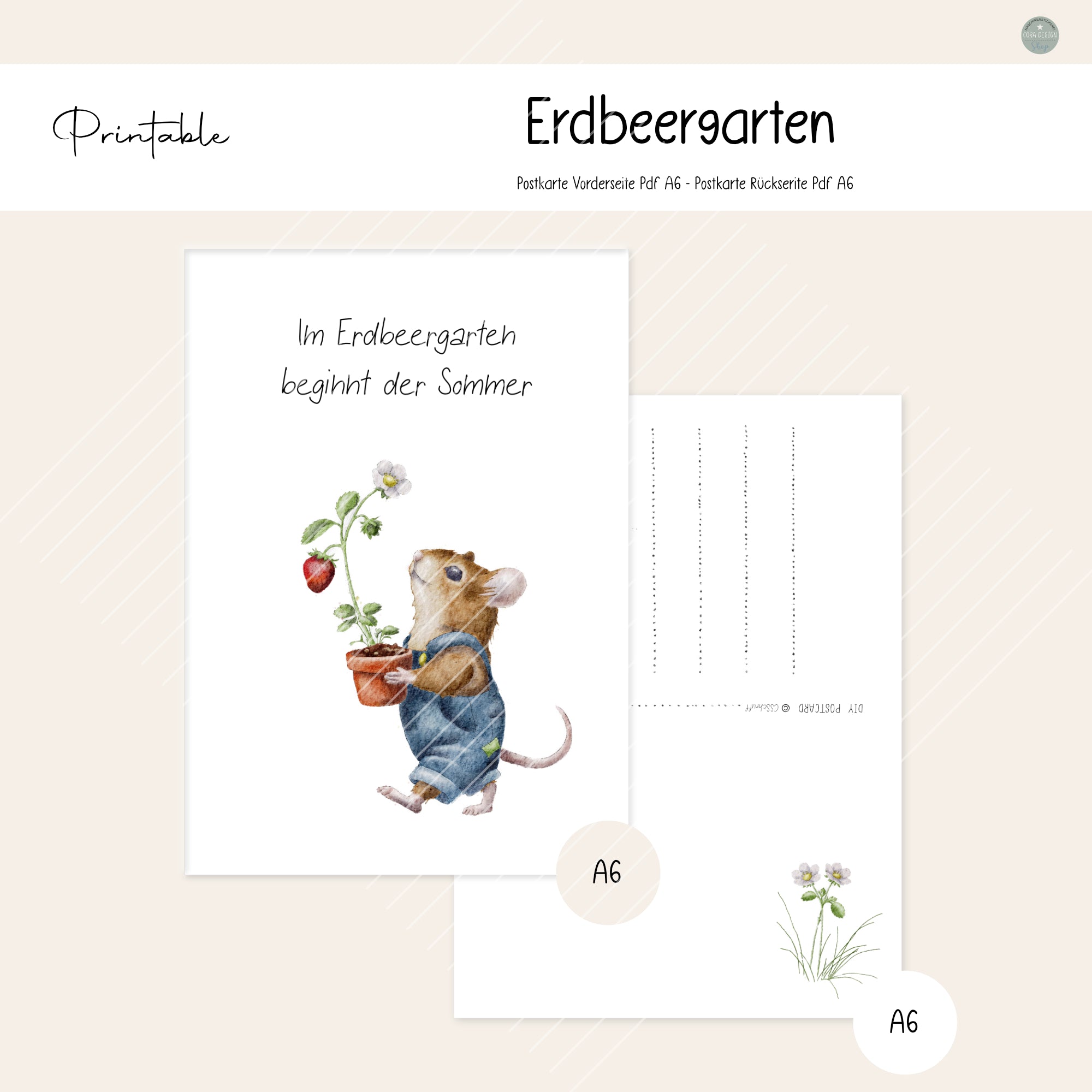 Printable Postkarte mit Erdbeermaus und Erdbeerpflanze im Topf mit Text „Im Erdbeergarten beginnt der Sommer“, Teil der Erdbeermäuse-Serie.