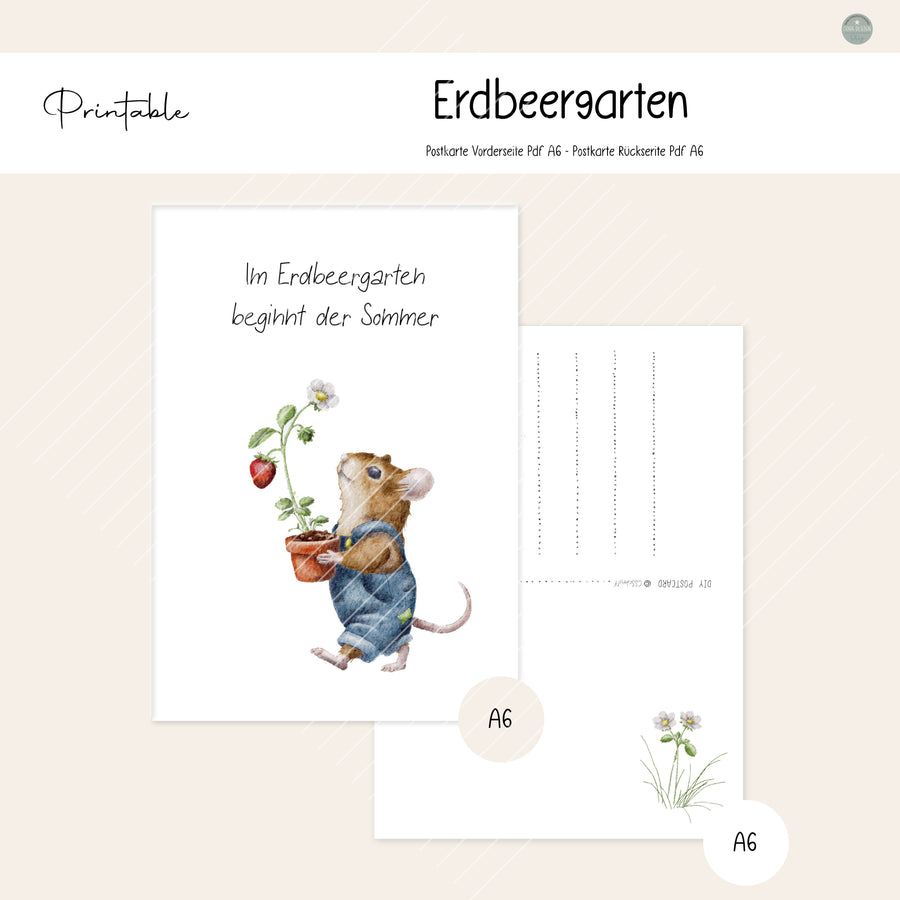 Printable Postkarte mit Erdbeermaus und Erdbeerpflanze im Topf mit Text „Im Erdbeergarten beginnt der Sommer“, Teil der Erdbeermäuse-Serie.