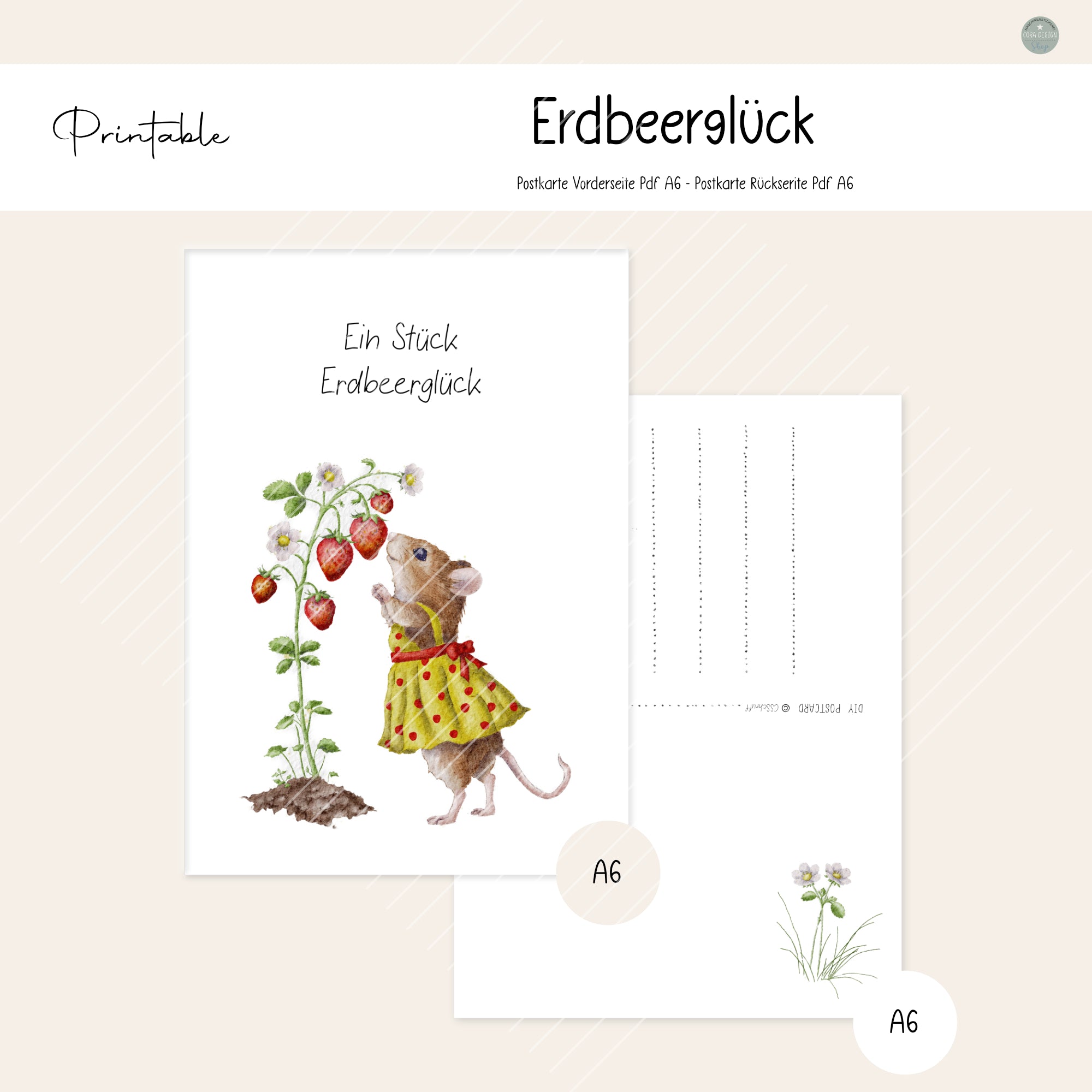 Printable Postkarte mit Maus im gelben Kleid neben einer Erdbeerpflanze mit Text „Ein Stück Erdbeerglück“, Teil der Erdbeermäuse-Serie.