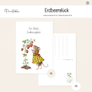 Printable Postkarte mit Maus im gelben Kleid neben einer Erdbeerpflanze mit Text „Ein Stück Erdbeerglück“, Teil der Erdbeermäuse-Serie.