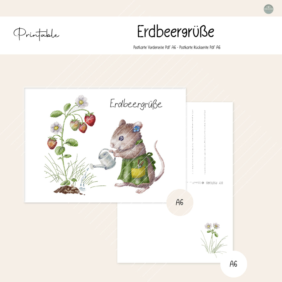 Printable Postkarte mit Maus im grünen Kleid, die eine Erdbeerpflanze gießt, mit Text „Erdbeergrüße“, Teil der Erdbeermäuse-Serie.