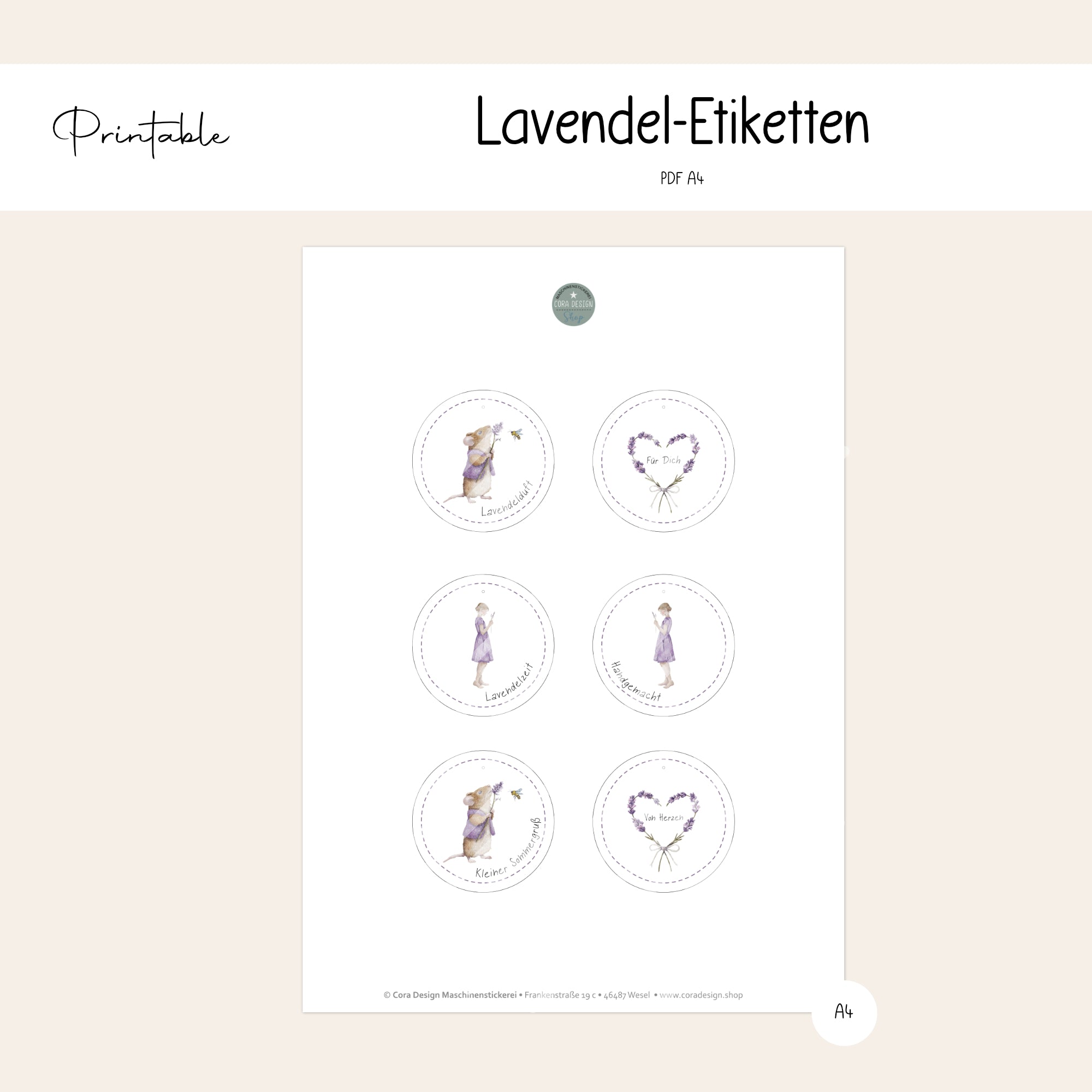 Runde Lavendel Etiketten zum Ausdrucken mit Maus, Lavendelherz und Lavendelmädchen für Duftkissen und handgemachte Geschenke im Landhausstil