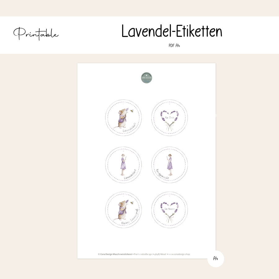 Runde Lavendel Etiketten zum Ausdrucken mit Maus, Lavendelherz und Lavendelmädchen für Duftkissen und handgemachte Geschenke im Landhausstil